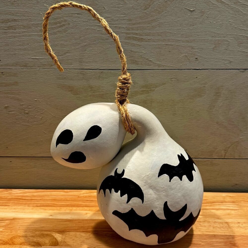 Hanging Ghost w/ Bats Hand Painted Signed 16" X 10" Fall Halloween Gourd Decor *